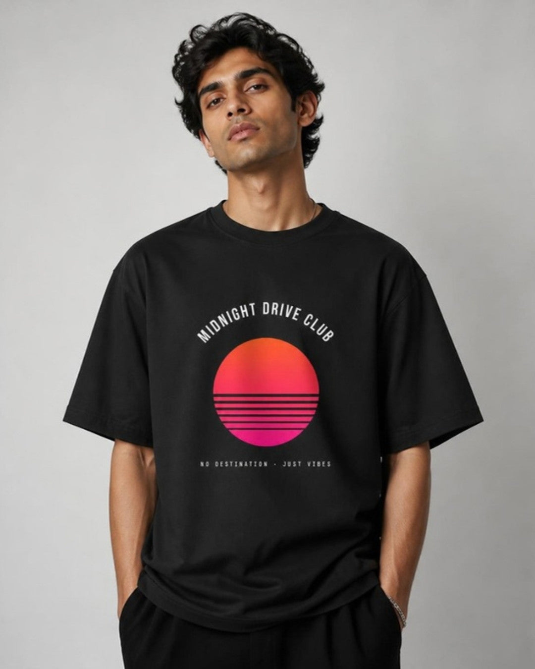 Midnight Drive Club oversized tee on male model