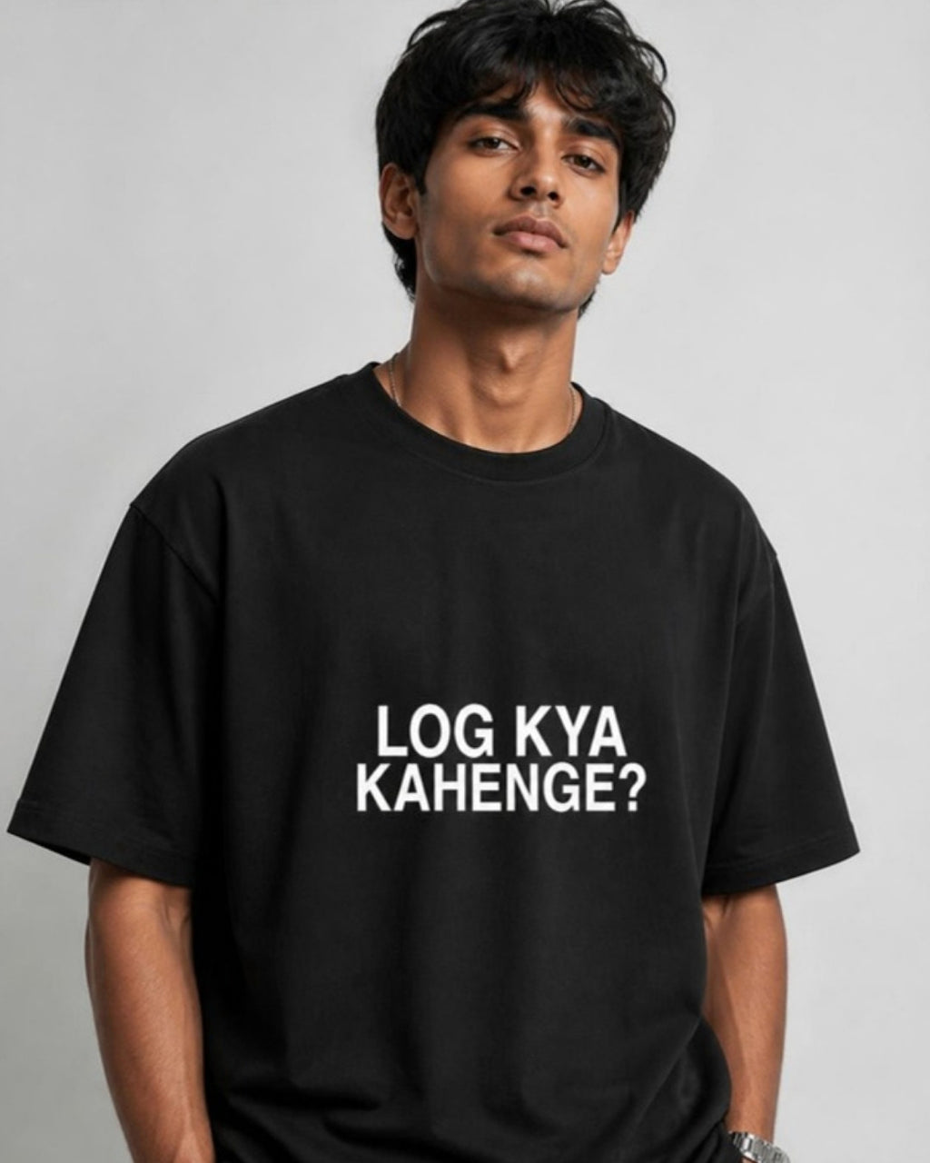 Log Kya Kahenge oversized tee on male model