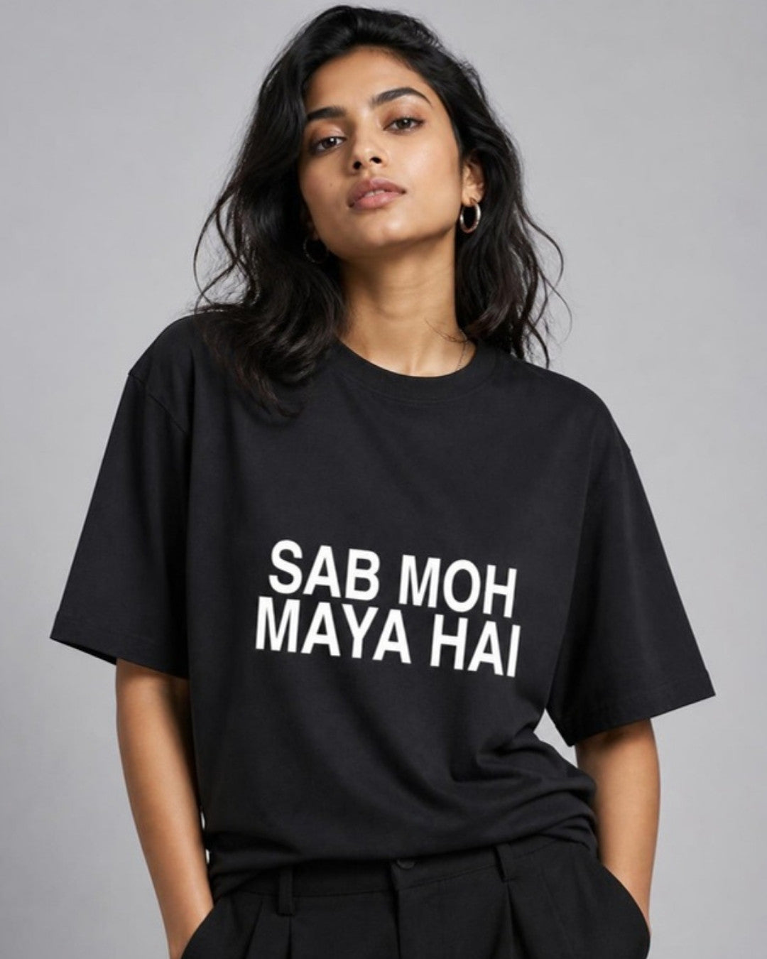 Sab Moh Maya Hai oversized tee on female model