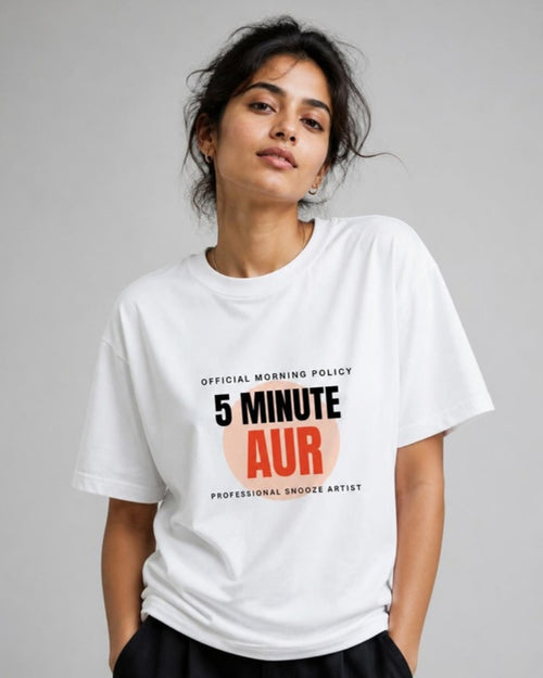 5 Minute Aur Graphic tee on female model