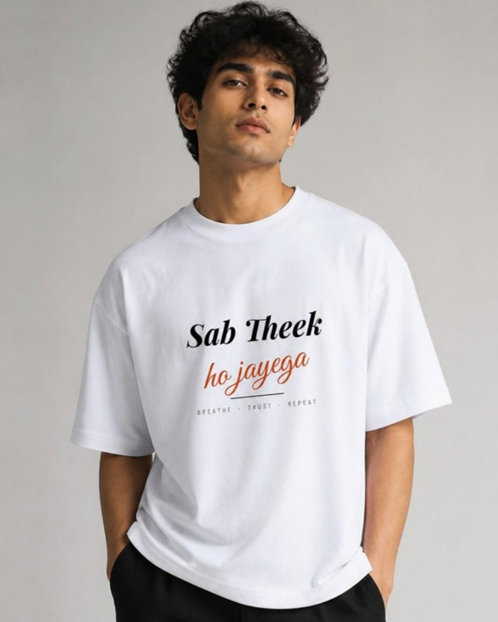 Sab Theek Ho Jayega oversized tee on male model