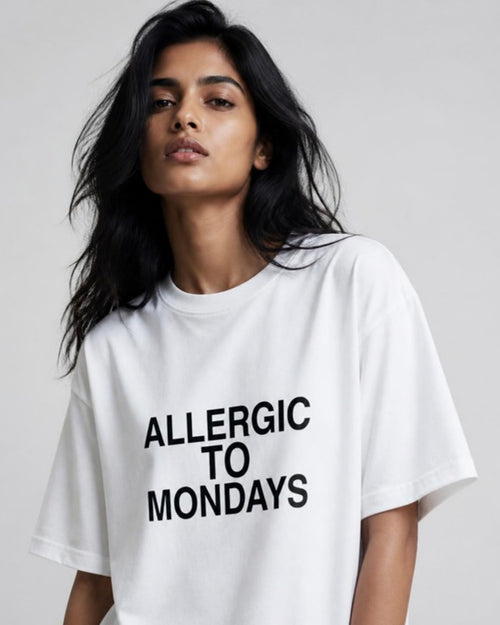 Allergic to Mondays oversized tee on female model