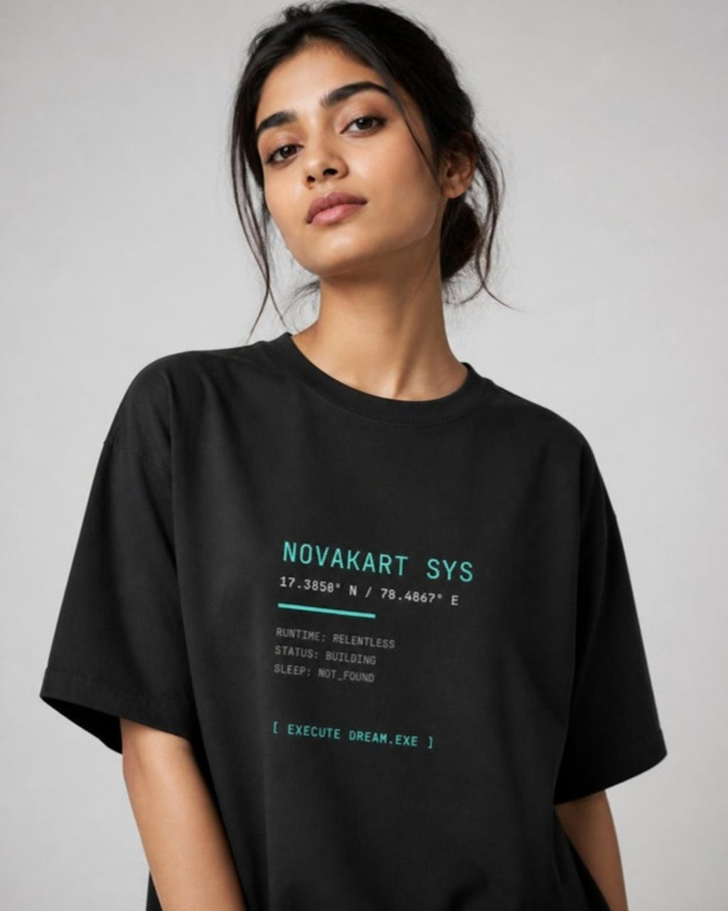 NOVAKART_SYS oversized tee on female model