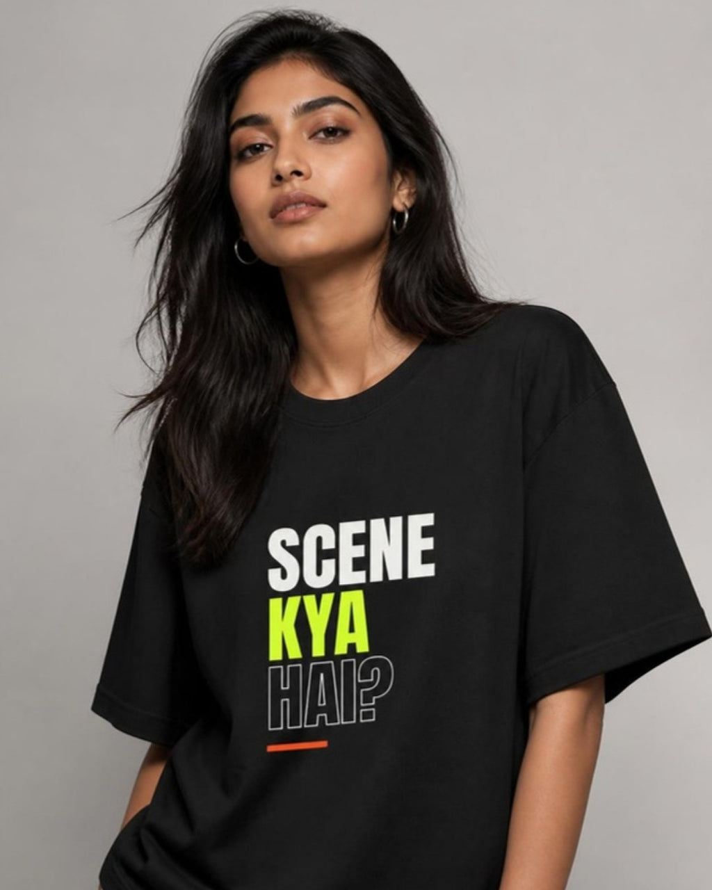 Scene Kya Hai oversized tee on female model