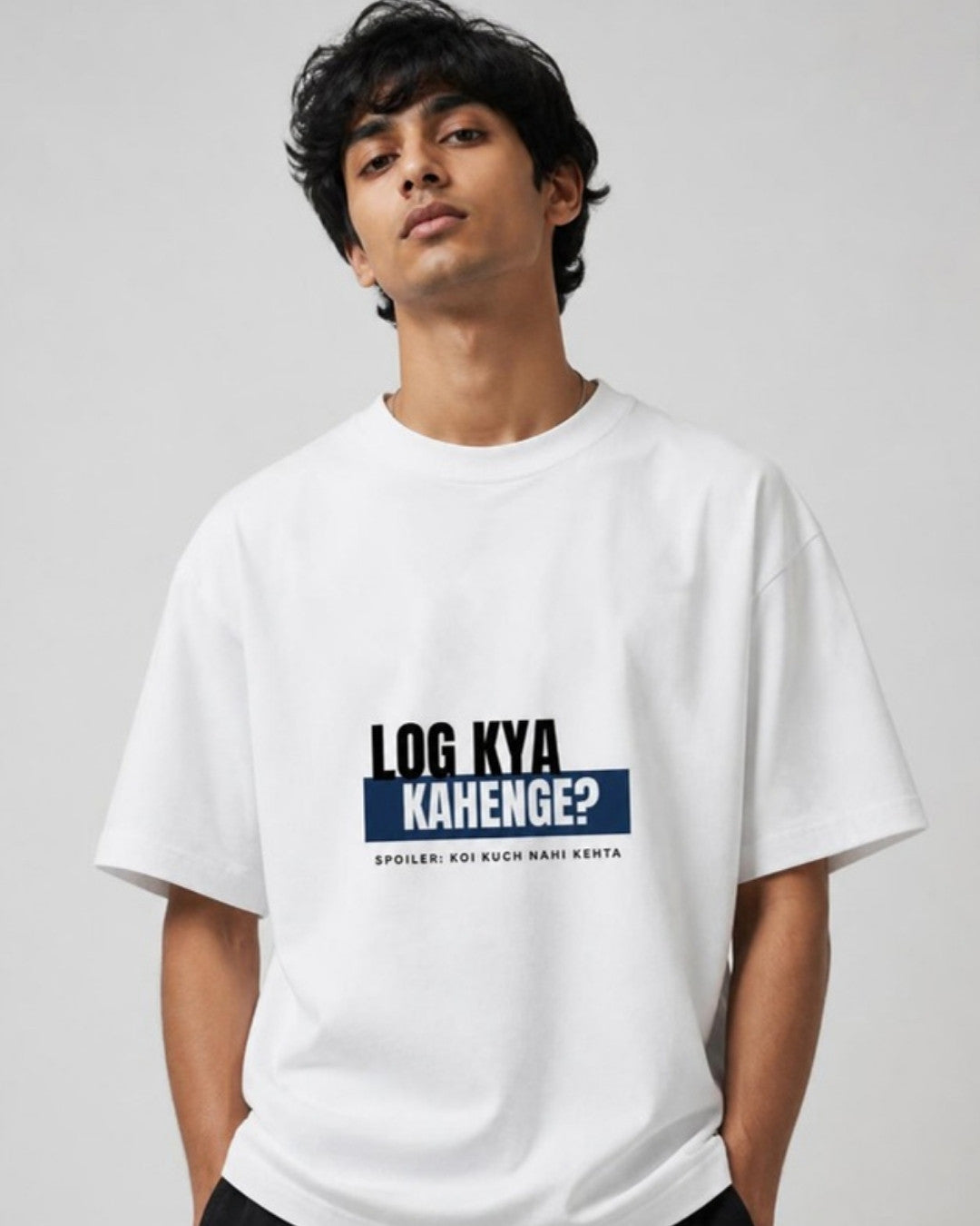 Log Kya Kahenge Graphic tee on male model