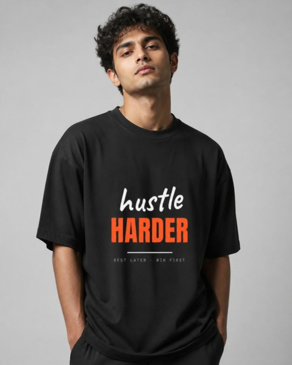 Hustle Harder oversized tee on male model