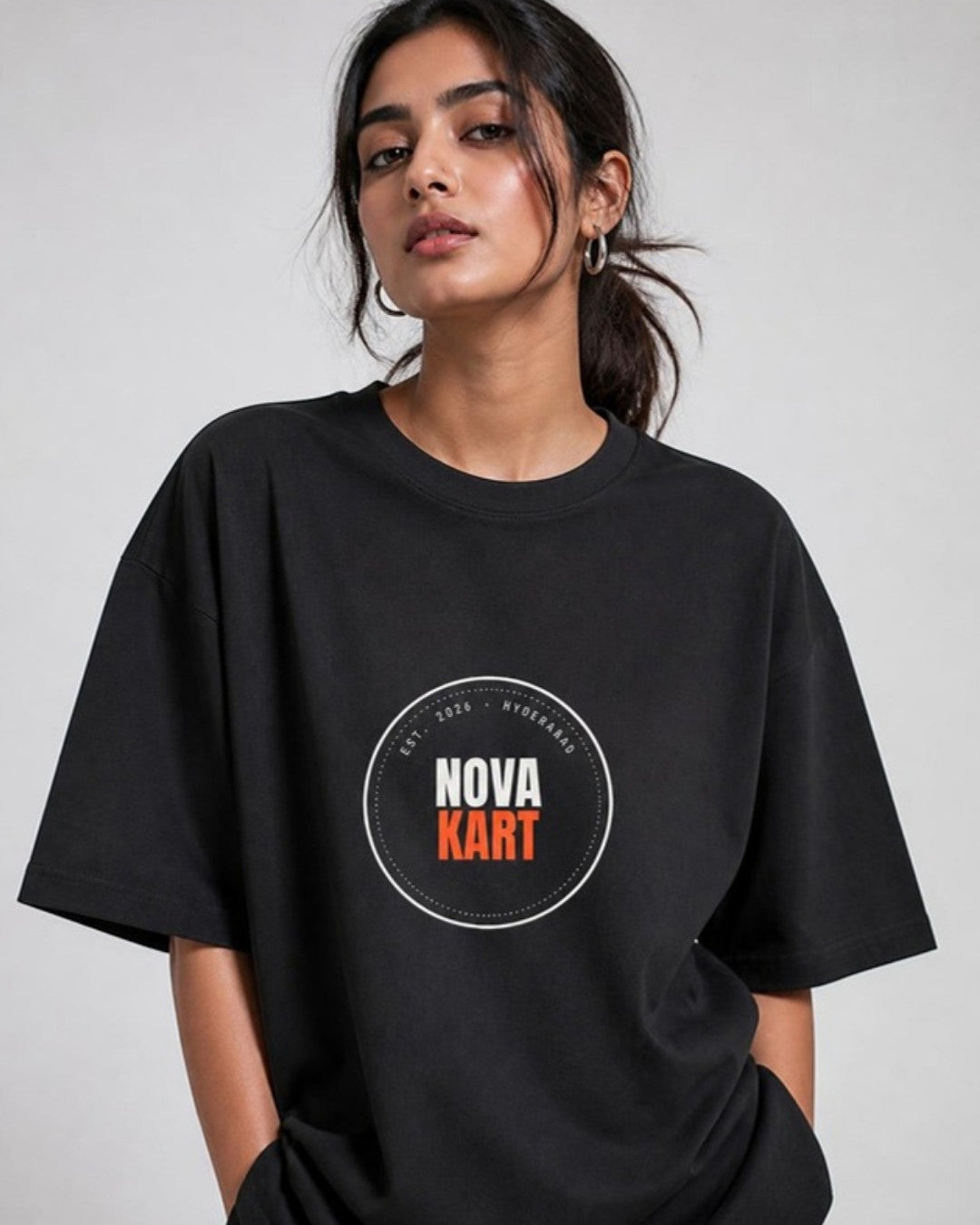 NovaKart Badge oversized tee on female model