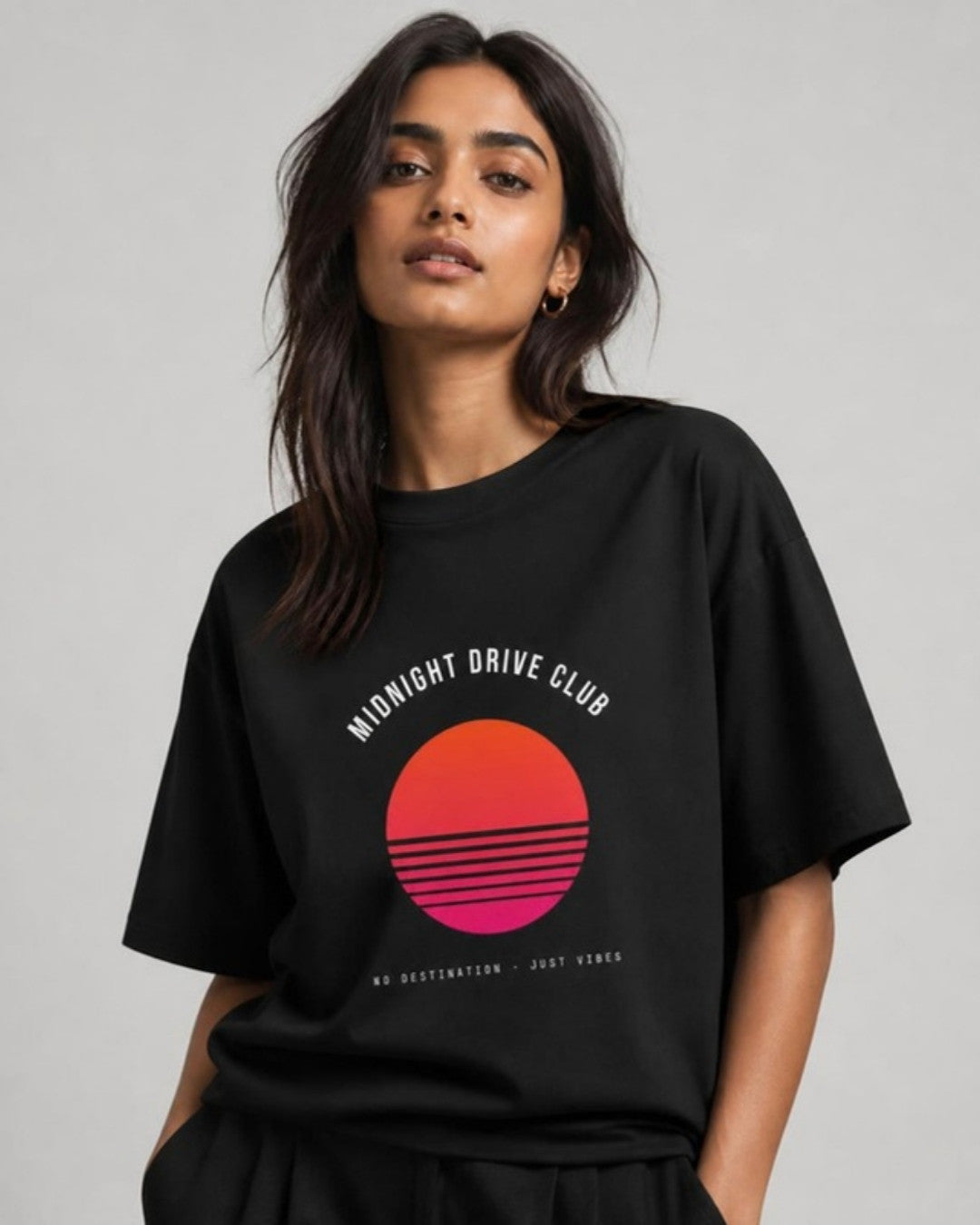 Midnight Drive Club oversized tee on female model