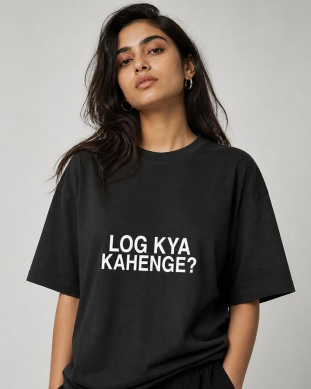 Log Kya Kahenge oversized tee on female model