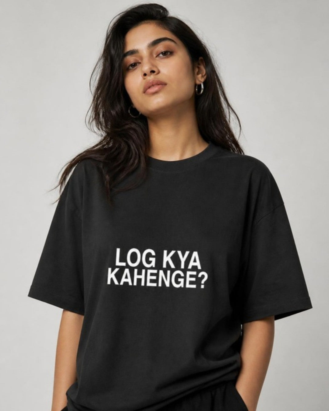 Log Kya Kahenge oversized tee on female model