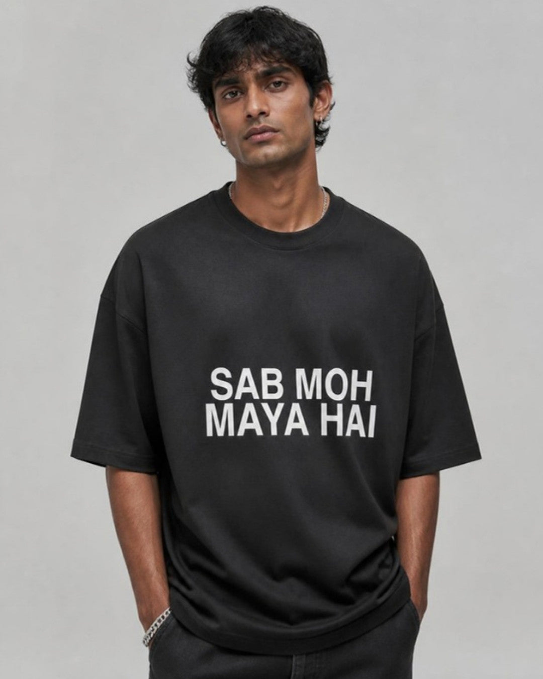 Sab Moh Maya Hai oversized tee on male model