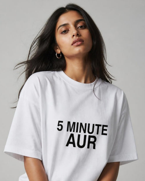 5 Minute Aur oversized tee on female model