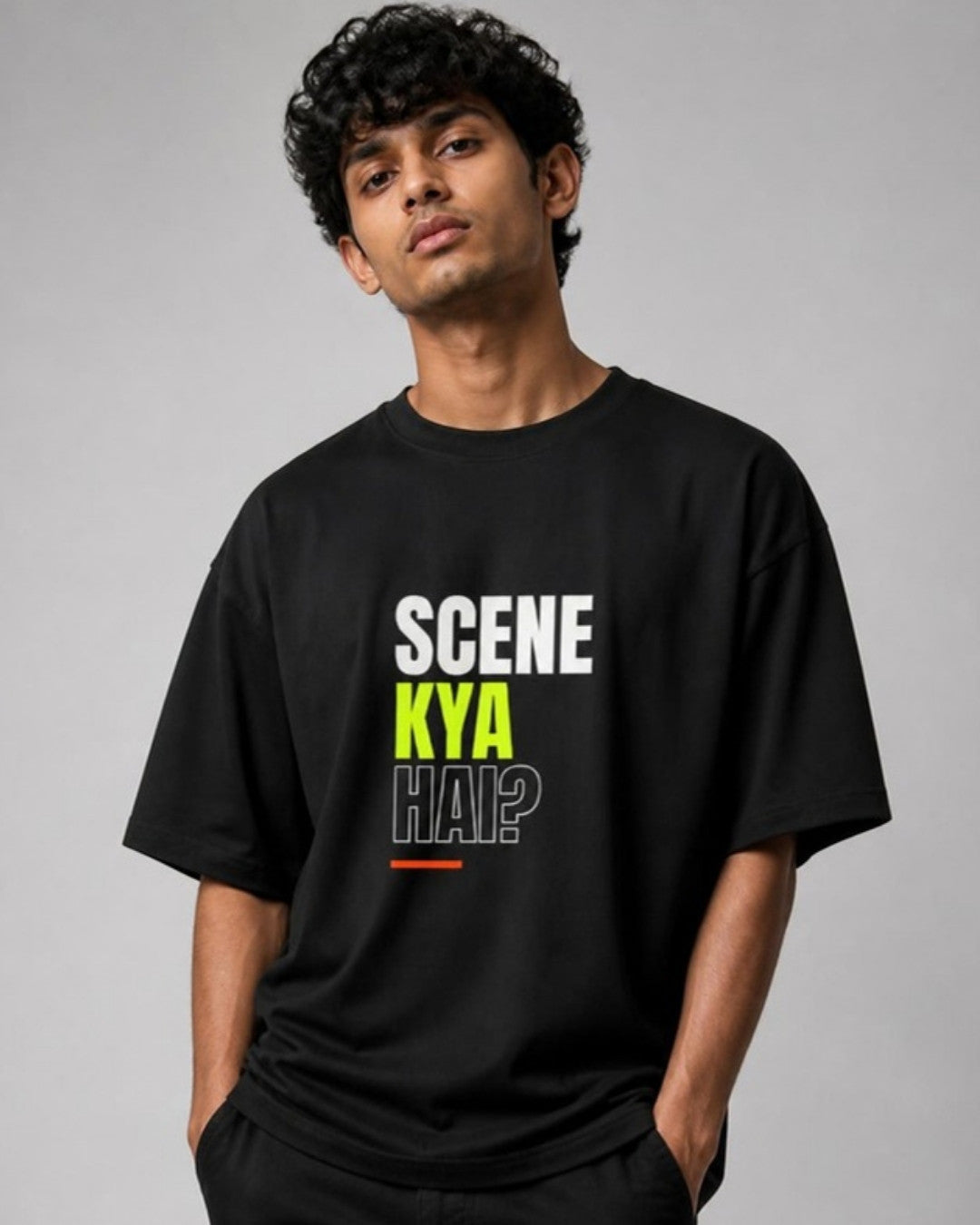 Scene Kya Hai oversized tee on male model
