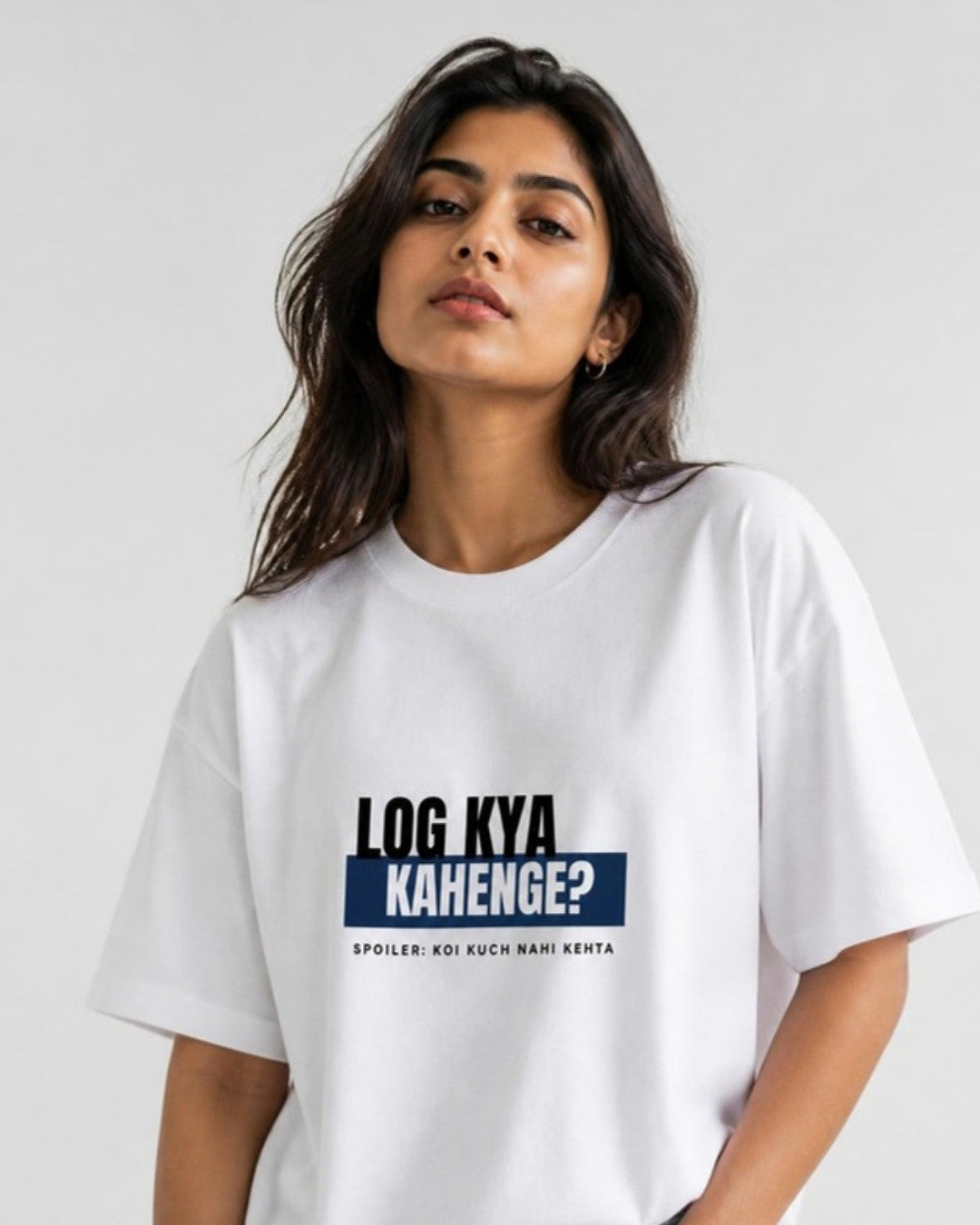 Log Kya Kahenge Graphic tee on female model