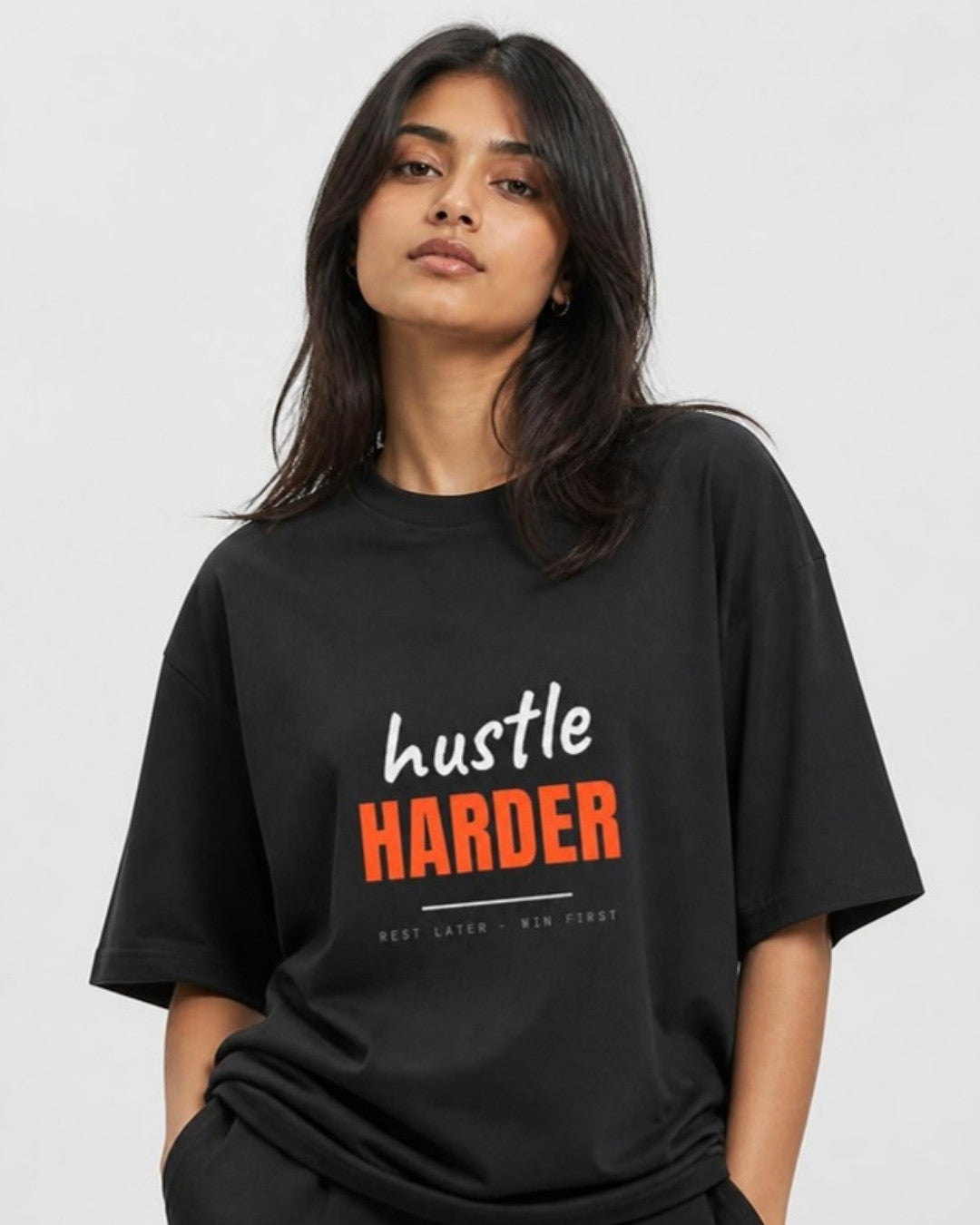 Hustle Harder oversized tee on female model