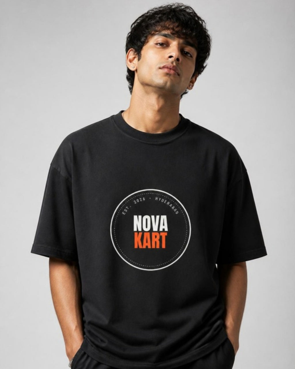 NovaKart Badge oversized tee on male model